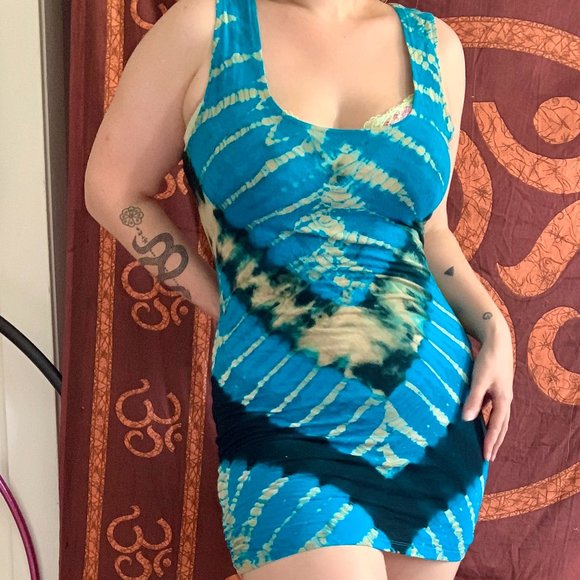Jayli Blue Tie Dye Bohemian Bodycon Mini Dress - Picture 2 of 4